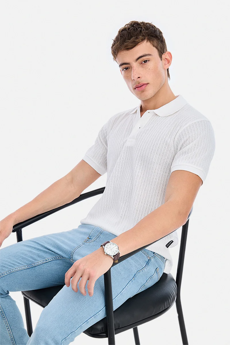 White Textured Half Sleeve Slim Fit Vacation T-Shirt