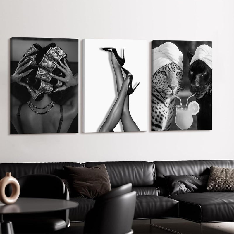 Youillne Black White Leopard Wall Art Trendy Cheetah Canvas Wall Decor Fashion Cocktail Poster Pictures Cheetah Stylish Prints Heels Painting for Bathroom Bedroom 12x16 Inch Framed Set of 3 - Image 4