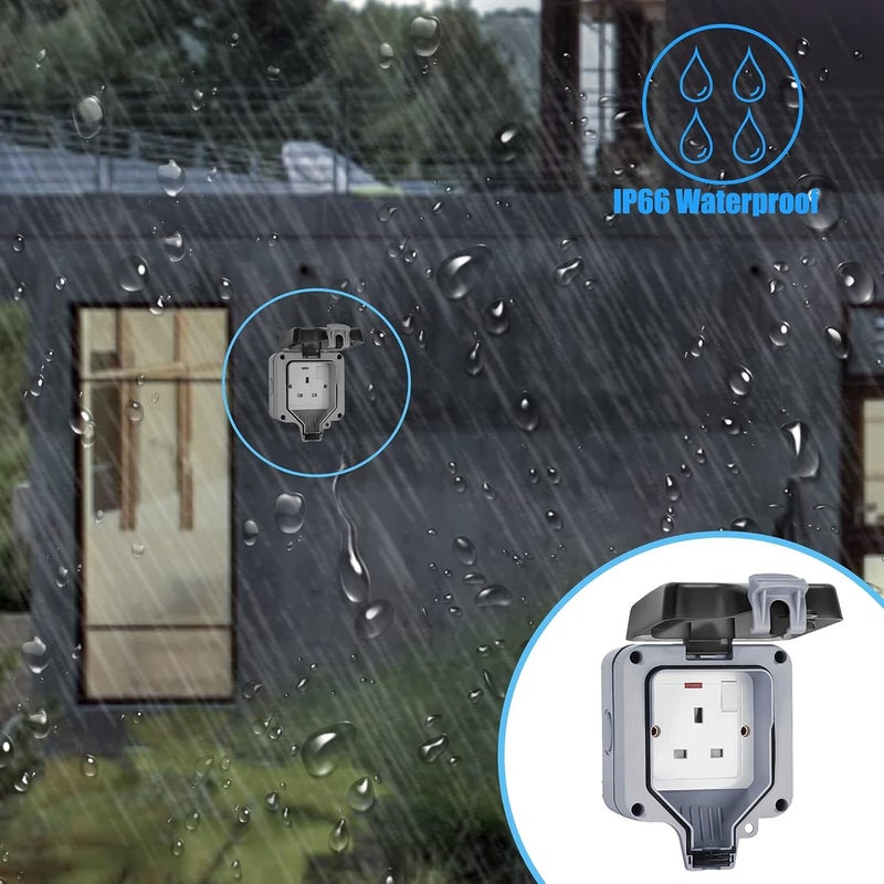 Weatherproof Outdoor Socket, IP66 Rated Switched Power Outlet – 13A UK Plug with Protective Cover, Waterproof Wall Electrical Socket for Garden, Patio, Garage, External Use – Grey - Image 5