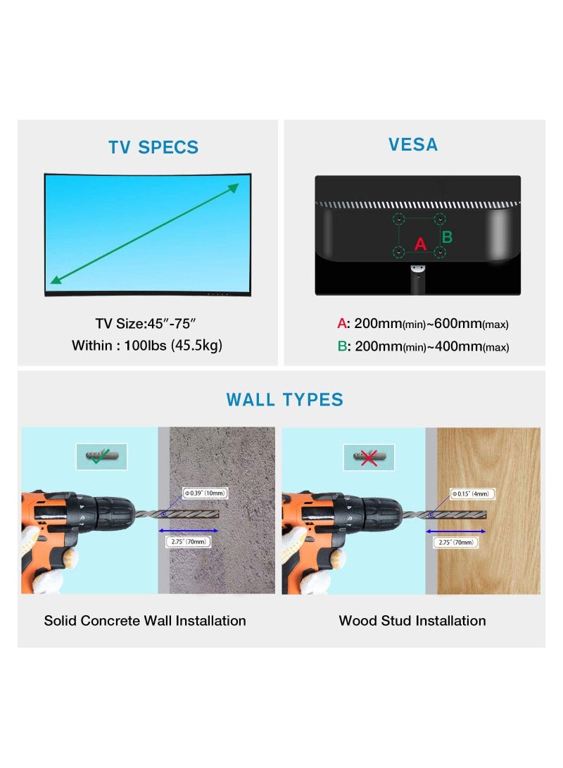 Full Motion TV Wall Mount Articulating Swivel TV Bracket for Most 45”-75 inch Flat Screen TV