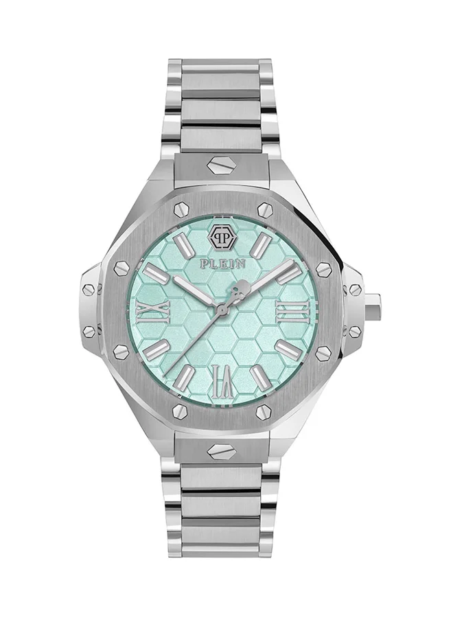 PHILIPP PLEIN PLEIN LADY ROYAL Women’s Watch by Philipp Plein, 39mm Silver-Tone Stainless Steel Case with Aqua-Blue Honeycomb Dial, Roman Numerals, Industrial Screw Bezel & Bracelet, 50m Water Resistance