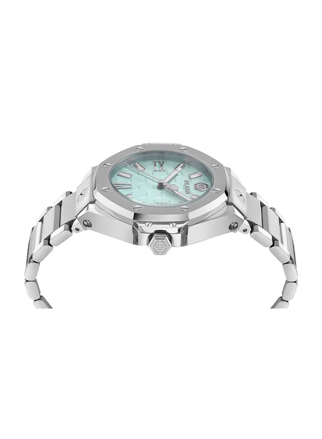 PHILIPP PLEIN PLEIN LADY ROYAL Women’s Watch by Philipp Plein, 39mm Silver-Tone Stainless Steel Case with Aqua-Blue Honeycomb Dial, Roman Numerals, Industrial Screw Bezel & Bracelet, 50m Water Resistance