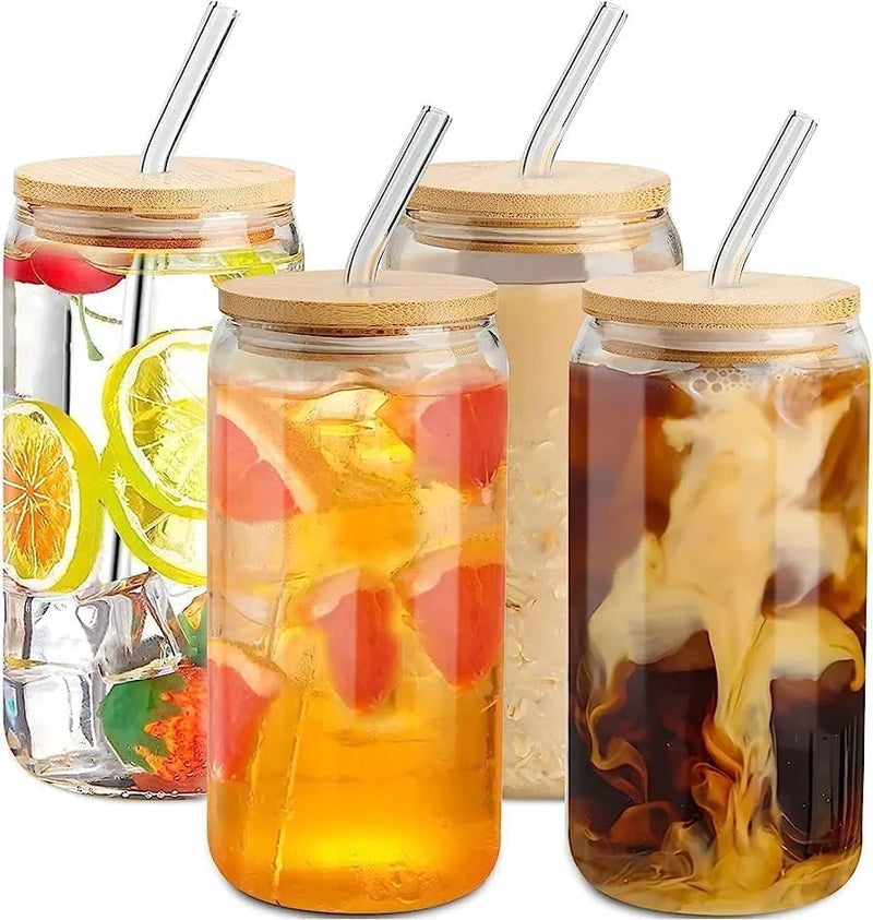 DOMINGO HUB Glass Cups with Lids and Straws 16 oz Personalized Customizable Glasses for Can Shaped Drinking Glasses Set Iced Coffee Cup Cute Aesthetics Tumbler for Tea Homemade Drinks4 PCS - Image 1