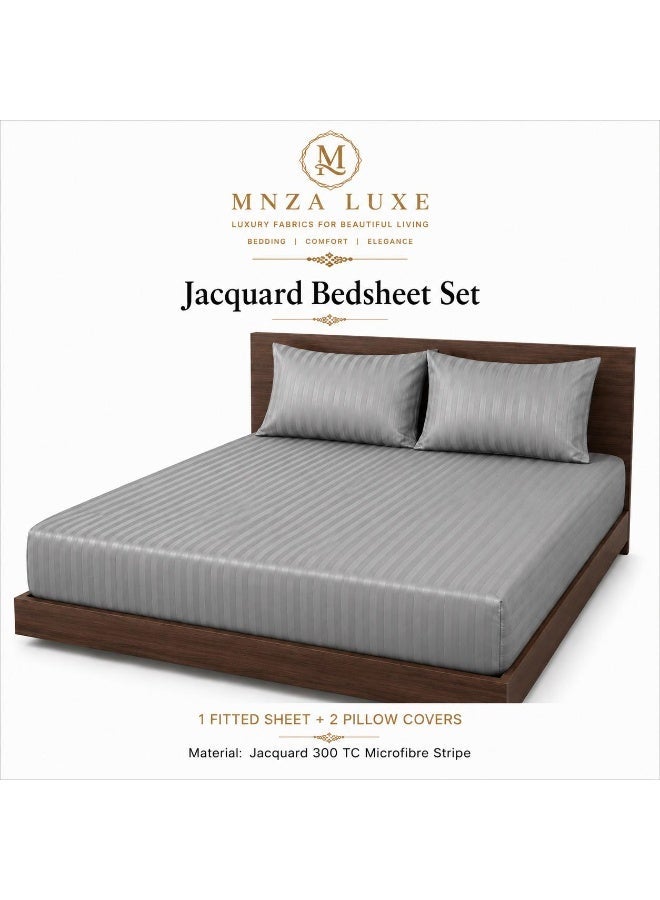 MNZA LUXE Jacquard Microfibre Fitted Bedsheet Set | 300 TC Stripe | 1 Fitted Sheet + 2 Pillow Covers | Ultra Soft, Breathable & Wrinkle Resistant | Grey - Image 1