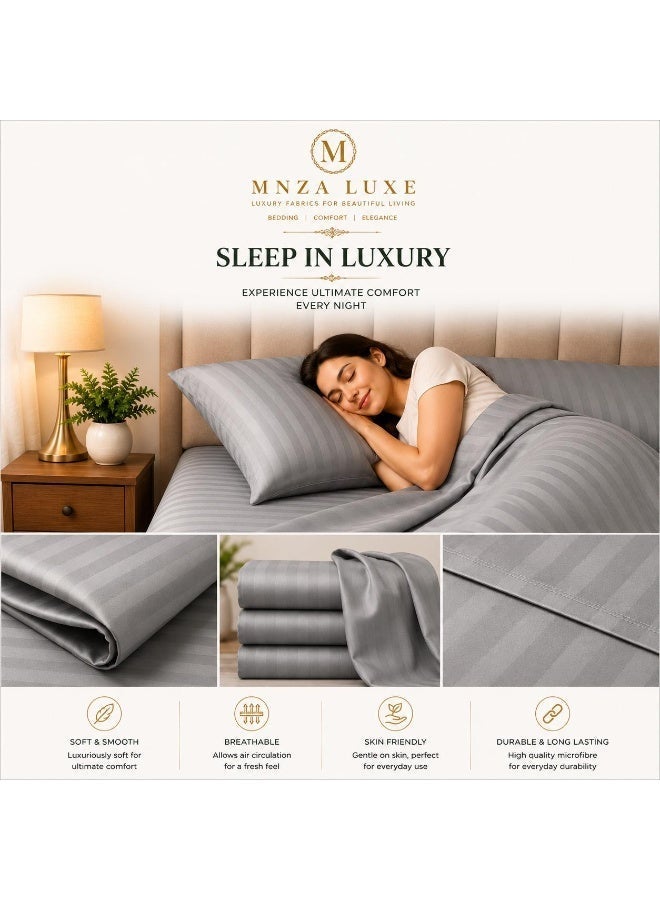 MNZA LUXE Jacquard Microfibre Fitted Bedsheet Set | 300 TC Stripe | 1 Fitted Sheet + 2 Pillow Covers | Ultra Soft, Breathable & Wrinkle Resistant | Grey - Image 4