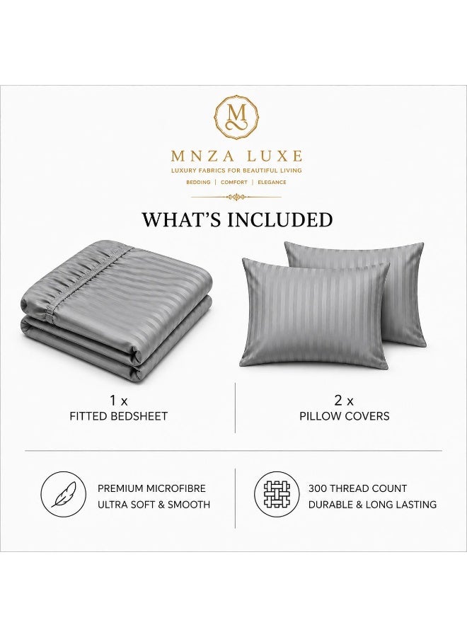 MNZA LUXE Jacquard Microfibre Fitted Bedsheet Set | 300 TC Stripe | 1 Fitted Sheet + 2 Pillow Covers | Ultra Soft, Breathable & Wrinkle Resistant | Grey - Image 2