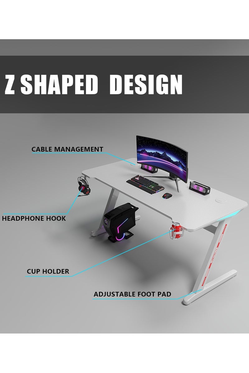 Meishida Z-Shaped Gaming Desk, Computer Table, Ergonomic Writing Desk for Home and Office, with Carbon Fiber Surface, LED Atmosphere Lights, Headphone Hook & Cup Holder and Mouse Pad- White  - Image 4