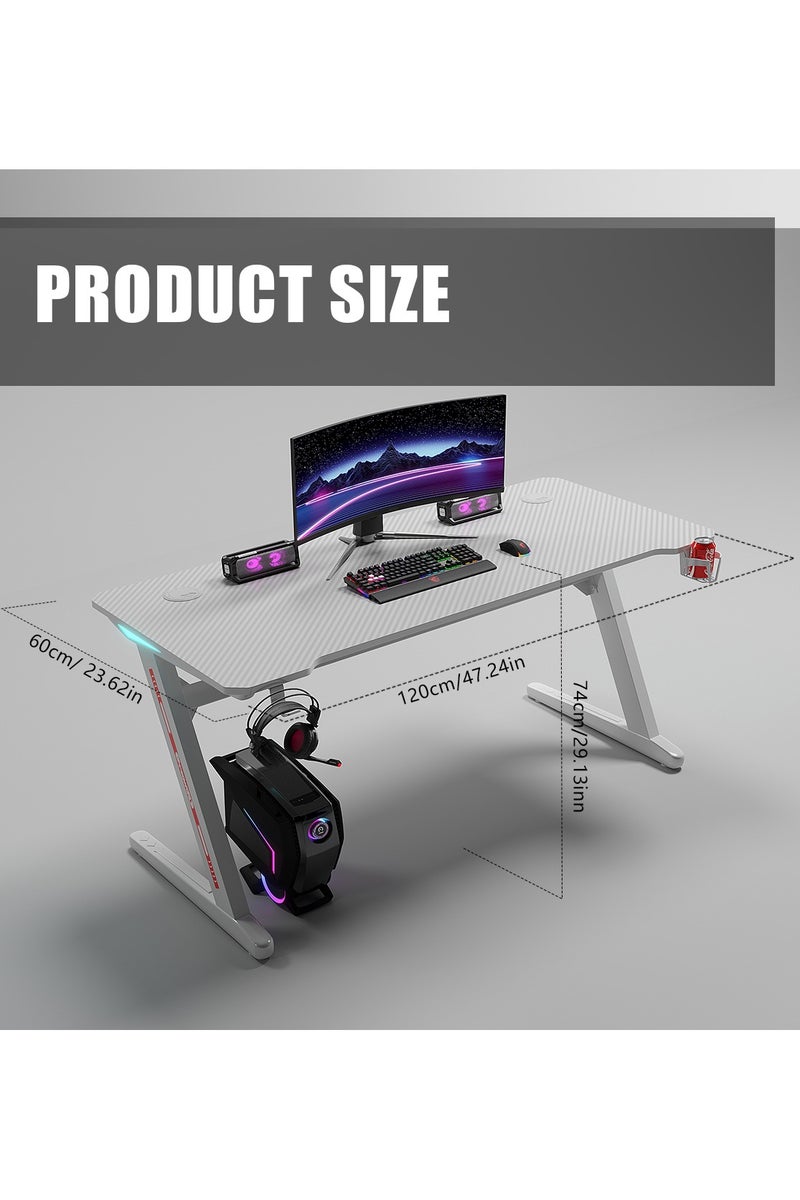 Meishida Z-Shaped Gaming Desk, Computer Table, Ergonomic Writing Desk for Home and Office, with Carbon Fiber Surface, LED Atmosphere Lights, Headphone Hook & Cup Holder and Mouse Pad- White  - Image 5
