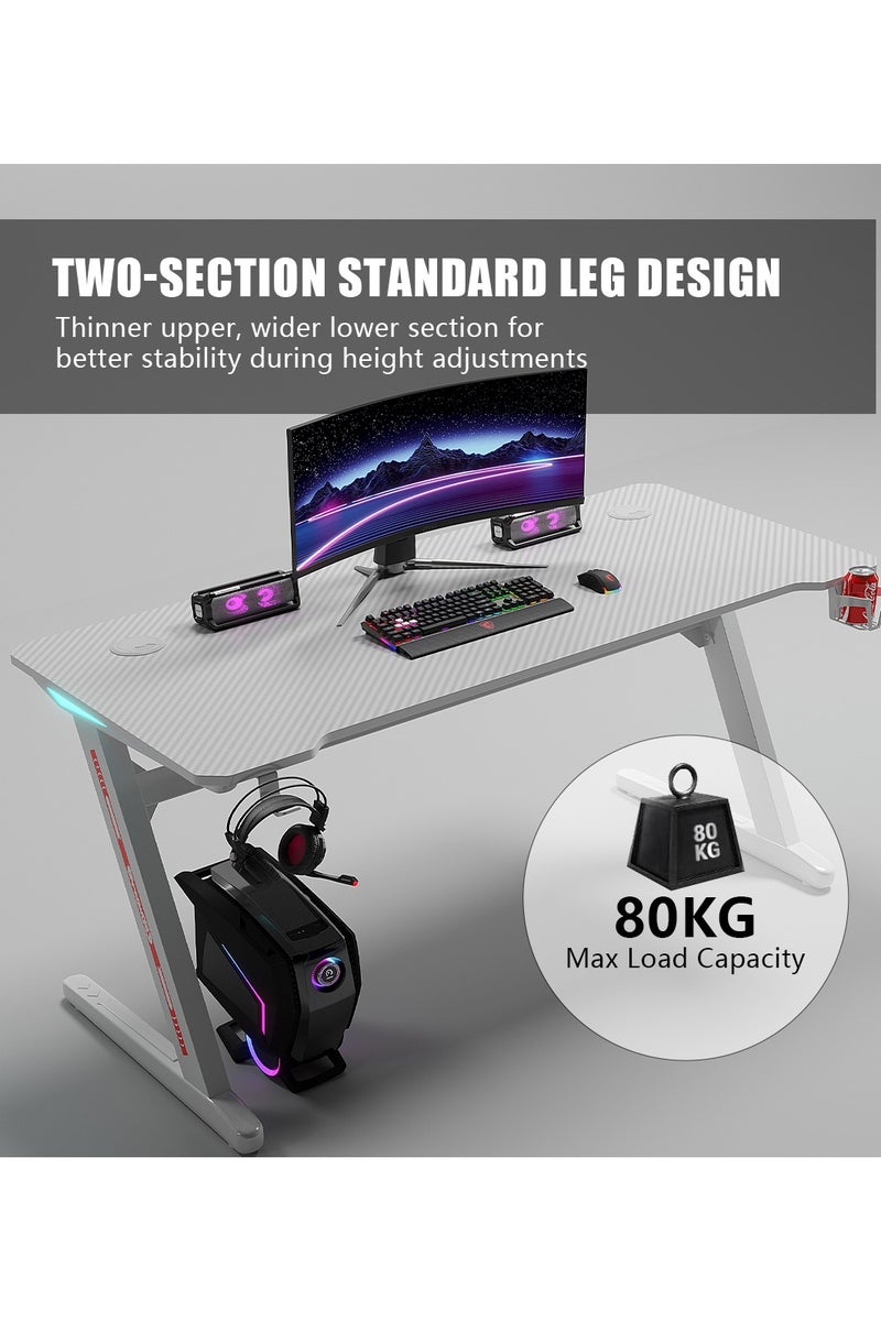 Meishida Z-Shaped Gaming Desk, Computer Table, Ergonomic Writing Desk for Home and Office, with Carbon Fiber Surface, LED Atmosphere Lights, Headphone Hook & Cup Holder and Mouse Pad- White  - Image 3