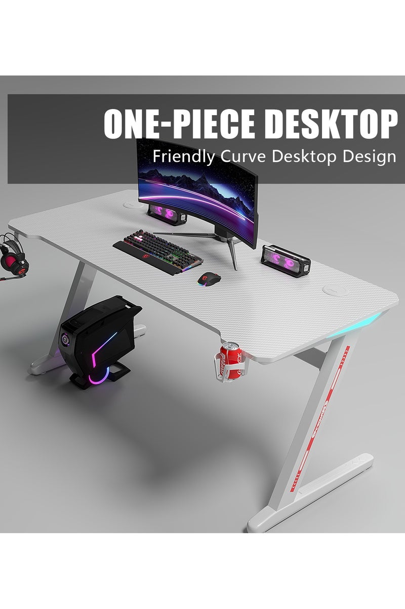 Meishida Z-Shaped Gaming Desk, Computer Table, Ergonomic Writing Desk for Home and Office, with Carbon Fiber Surface, LED Atmosphere Lights, Headphone Hook & Cup Holder and Mouse Pad- White  - Image 2