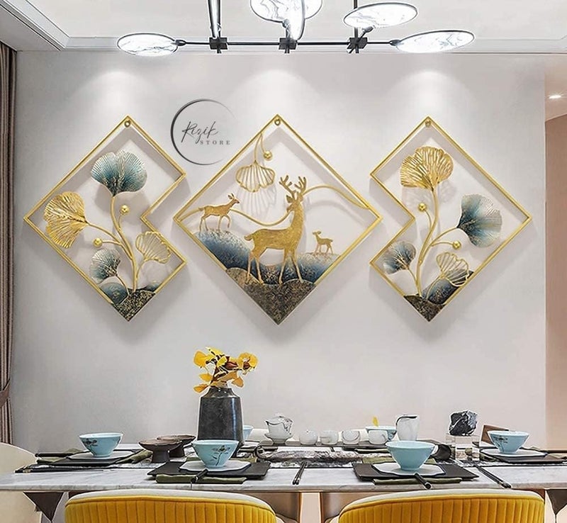 RIZIK STORE® Metal Abstract Figures handcrafted Wall Sculpture wall art multicolor for Home Decoration, Living room, drwaing room & Bedroom (PACK OF 3) WDD-NEW (DEER GOLD) - Image 1