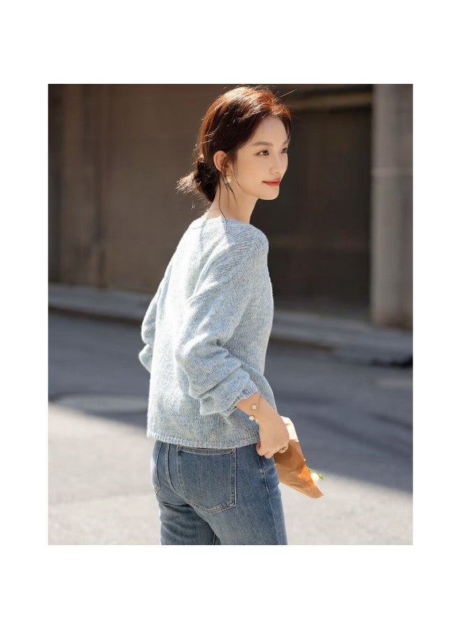 dme Demana Gradient Irregular Dyed Yarn Sweater With Lantern Sleeves, Autumn Sheep Wool Texture Women's Knit Top - Image 5