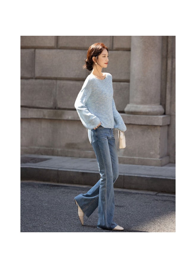 dme Demana Gradient Irregular Dyed Yarn Sweater With Lantern Sleeves, Autumn Sheep Wool Texture Women's Knit Top - Image 2
