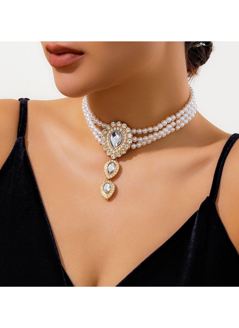 KUYING Vintage Pearl Studded Diamond Necklace 
