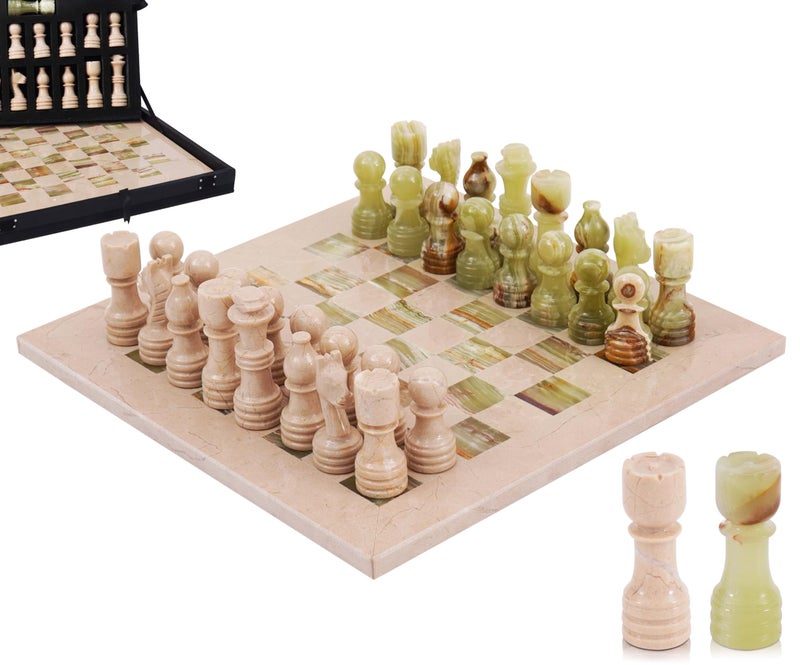 MARBLE RANGE Marble Chess Set for Adults 12 Handmade Verona Green Board Game with 32 Chess Pieces 2 Extra Queens Storage Box Luxury Travel Game Elegant for Home Decor - Image 3