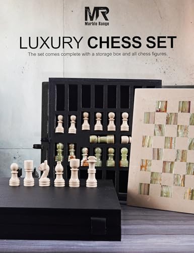 MARBLE RANGE Marble Chess Set for Adults 12 Handmade Verona Green Board Game with 32 Chess Pieces 2 Extra Queens Storage Box Luxury Travel Game Elegant for Home Decor - Image 5