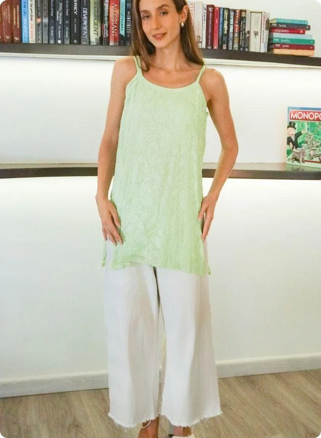 #Be Pista green Floral Embroidered Sleeveless Kurti