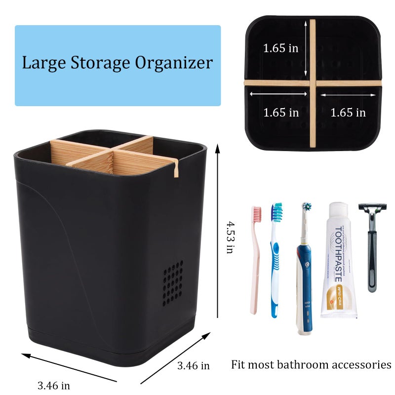 Heagoale Toothbrush Holders Drainage for Bathrooms, 4 Slots Tooth Brushing Holder with Bamboo Dividers Plastic Electric Toothbrush and Toothpaste Caddy Organizer for Sink, Counter, Shower, Vanity, Black - Image 5