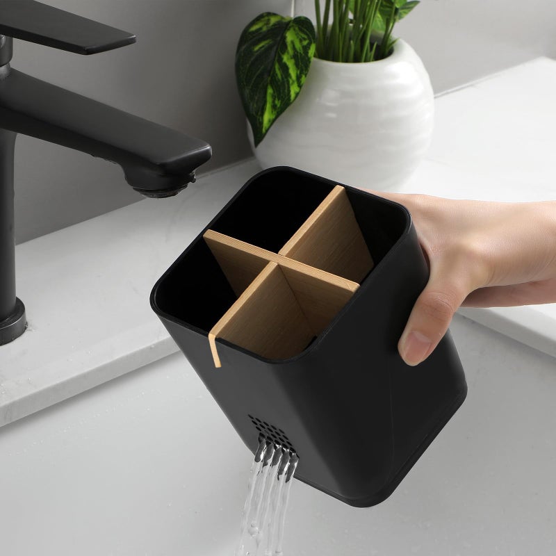 Heagoale Toothbrush Holders Drainage for Bathrooms, 4 Slots Tooth Brushing Holder with Bamboo Dividers Plastic Electric Toothbrush and Toothpaste Caddy Organizer for Sink, Counter, Shower, Vanity, Black - Image 3