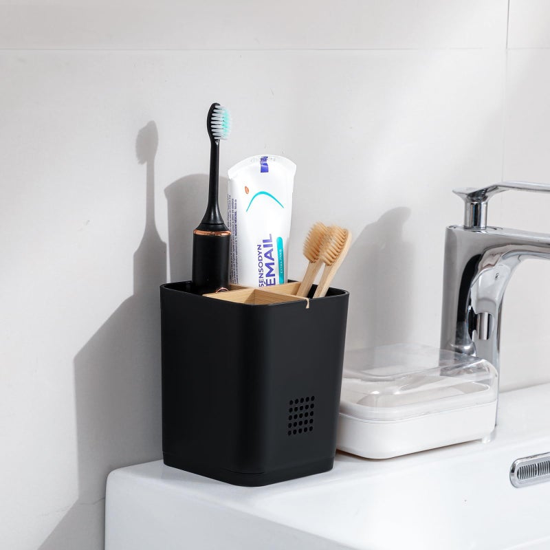 Heagoale Toothbrush Holders Drainage for Bathrooms, 4 Slots Tooth Brushing Holder with Bamboo Dividers Plastic Electric Toothbrush and Toothpaste Caddy Organizer for Sink, Counter, Shower, Vanity, Black - Image 2