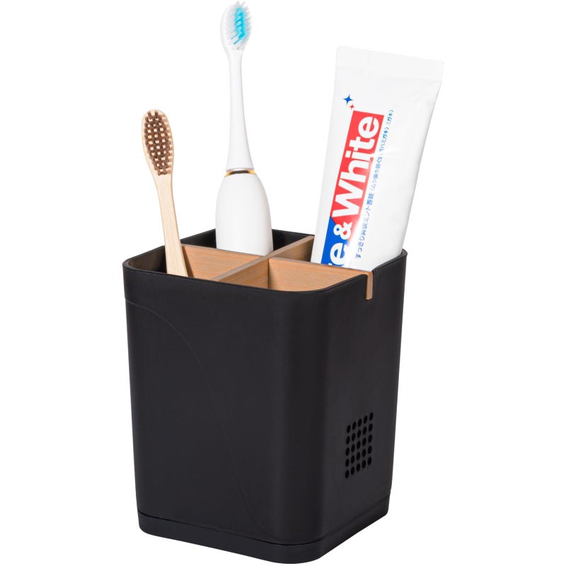 Heagoale Toothbrush Holders Drainage for Bathrooms, 4 Slots Tooth Brushing Holder with Bamboo Dividers Plastic Electric Toothbrush and Toothpaste Caddy Organizer for Sink, Counter, Shower, Vanity, Black - Image 1