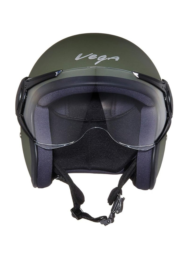 Vega - Vega Jet ISI DOT Certified Matt Finish Open Face Helmet for Men and Women with Clear Visor(Dull Army Green, Size:L) Brand: Vega - Image 1