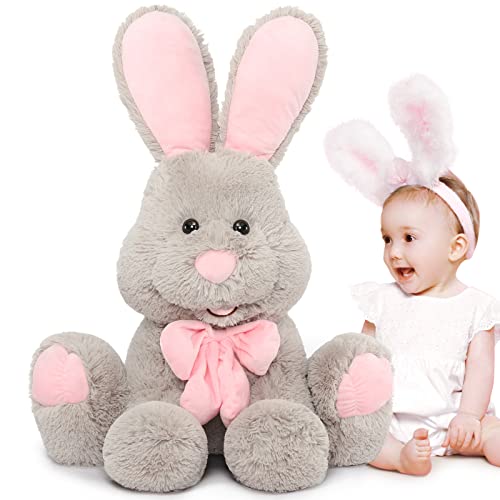 MorisMos Giant Bunny Stuffed Animal 315 Large Grey Rabbit Plush Toy with Pink Ears Soft Toy for GirlsBoys Ideal Gift for Easter Halloween Christmas Cuddling Snuggling - Image 1