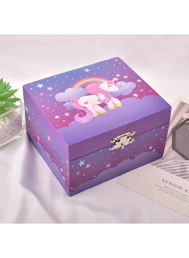 صندوق مجوهرات يونيكورن بتصميم سماء ليلية مرصعة بالنجوم باللون البنفسجي مع غطاء آمن - Image 1