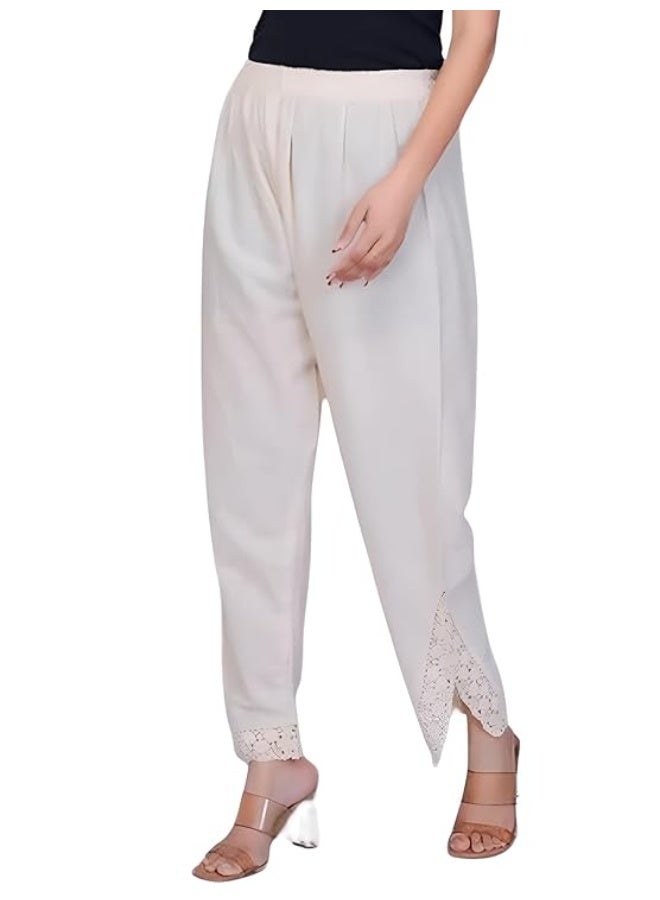 leriya fashion بنطلون ليريا الأنيق للنساء | بنطلون بالازو قطني بنقشة عرقية مع تطريز دانتيل | بنطلون نسائي واسع الساقين بخصر مطاطي | بنطلون صيفي مريح | بيج | 34 - Image 1