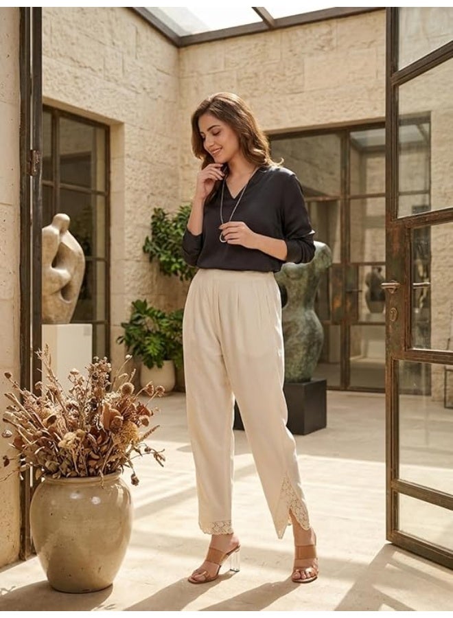 leriya fashion بنطلون ليريا الأنيق للنساء | بنطلون بالازو قطني بنقشة عرقية مع تطريز دانتيل | بنطلون نسائي واسع الساقين بخصر مطاطي | بنطلون صيفي مريح | بيج | 34 - Image 4