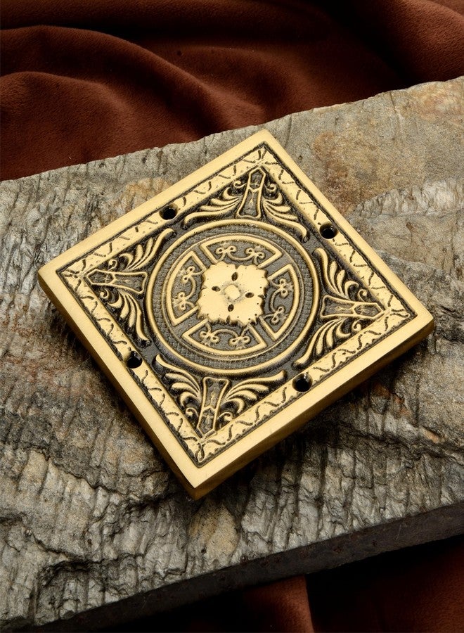 DEVDECOR, Vintage Style Brass Door Decorative Plate - 4 Inch Square Intricately Carved Accent for Home Décor - Image 1