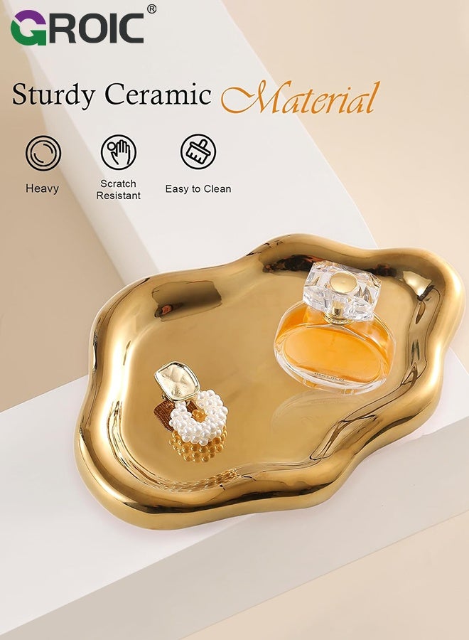 GROIC Ceramic Jewelry Tray, Golden Cloud Plate, Display Organizer Trinket Watch Keys, Vanity Ring Dish Cute Cloud Tray, Nightstand Decor Trinket Bowl for Earrings, Perfume, Gold Jewelry Plate - Image 2