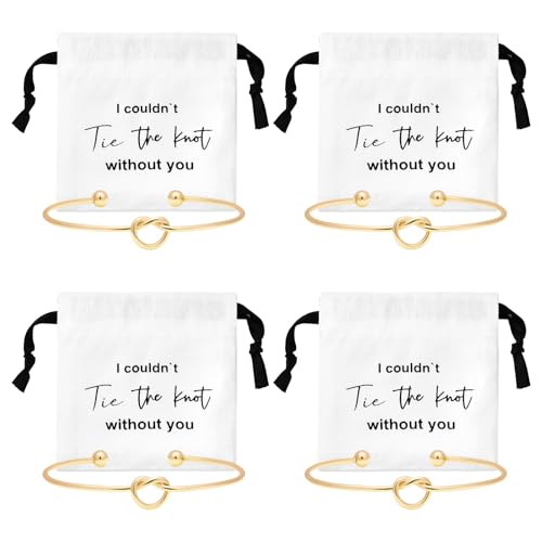CEELGON 8 Pcs Jewelry Pouch Bridesmaid Gifts Set - 4 Linen Cotton Small Drawstring Bags & Knot Bracelet - Jewelry Packaging for Proposal, Bridal Party Favors (Gold) - Image 1