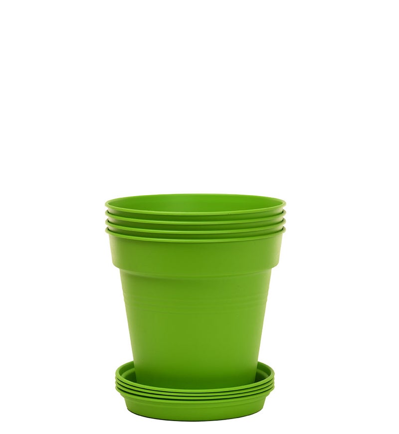 Mintra Round Flower Pot Planters X-Large - Pack of 4 with bottom tray - Plastic | Color - Light Green | Size - 21x21x23cm | Asthetically Decorate Your Terrace, Garden or Patio. Ideal for outdoor or indoors - Image 1