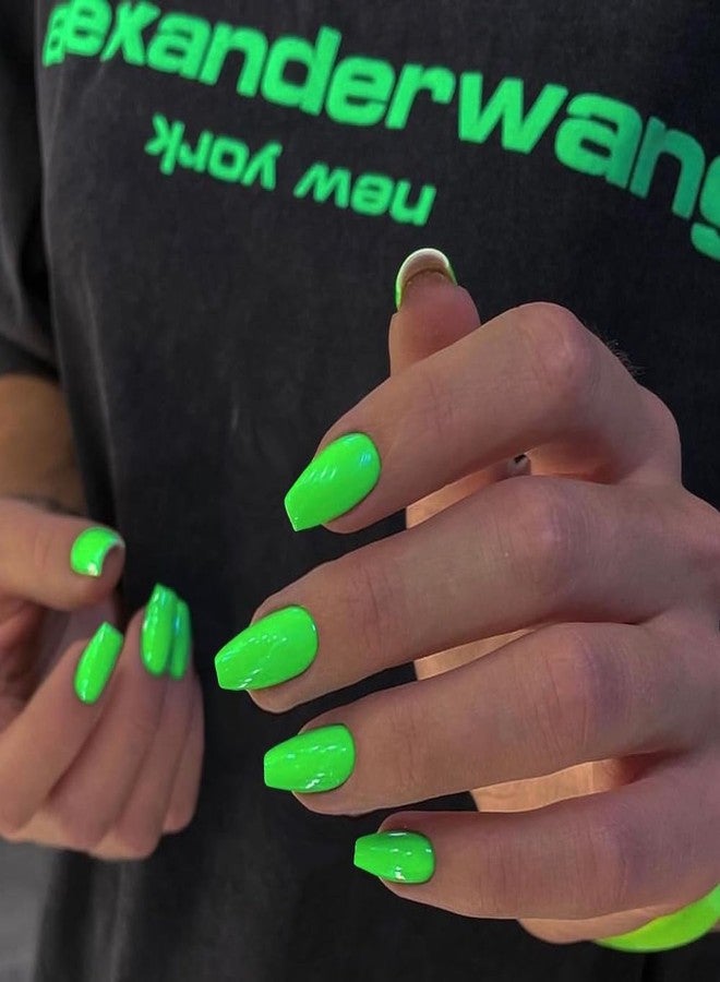 KXAMELIE Neon Green Press on Nails Medium Coffin Fake Nails Press ons, KXAMELIE False Nail Medium Length Glue on Nails Natural Thick Long Acrylic Nail Coffin 24Pcs for Women - Image 1