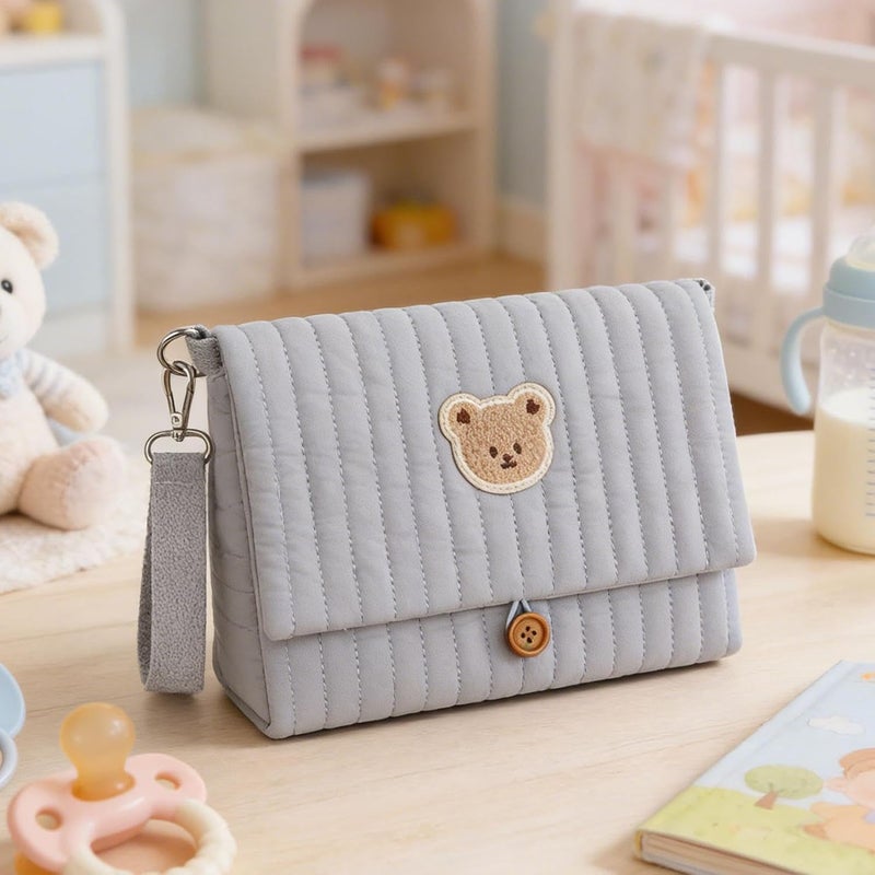Pochette À Couches Et Lingettes - Pochette Pliable Avec Broderie Ours Mignon - Avec Compartiment Pour Sangle De Poussette Et Organisateurs De Sac À Langer - pour papa parent garçon fille maman voyage - Image 3