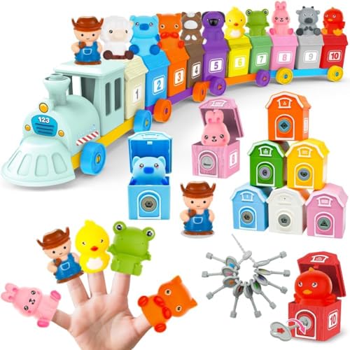 Kimicare Learning Montessori Toys for Toddlers Sensory Farm Animals Train Toys with 10 Finger Puppets 1 Farmer Counting Matching Sorting Barns with Keys Birthday Gifts Christmas Stocking Stuffers - Image 1