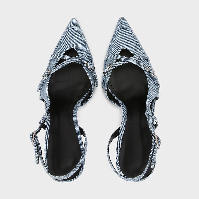 Za2024 Spring New Women'S Shoes, Elegant And Fashionable Slingback Pointed Toe High-Heeled Mules, Denim Toe-Cap Sandals For Women - Image 5