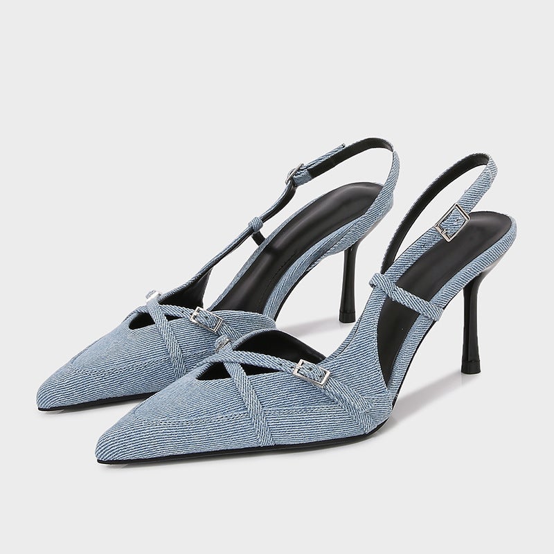 Za2024 Spring New Women'S Shoes, Elegant And Fashionable Slingback Pointed Toe High-Heeled Mules, Denim Toe-Cap Sandals For Women - Image 2