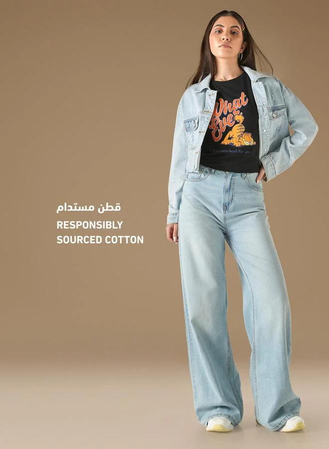 SP Characters Garfield Print T-shirt with Crew Neck and Short Sleeves