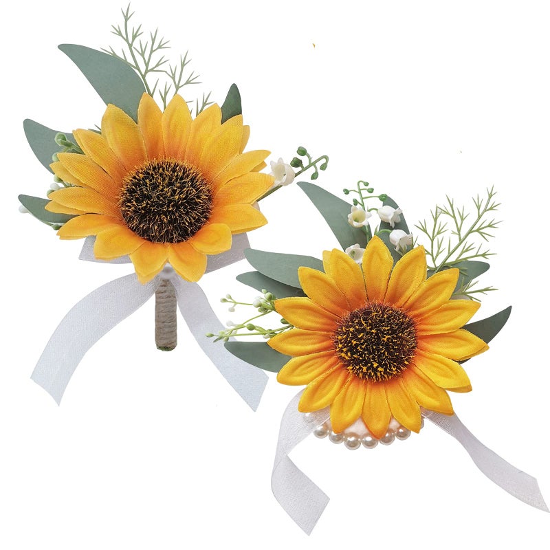 WEIERYUE Artificial Sunflower BoutonniereBride Groom Bridesmaid Wedding Flower Corsage SetFormal Party and Vintage Wedding1 Sunflower Boutonniere  1 Sunflower Wrist Corsage