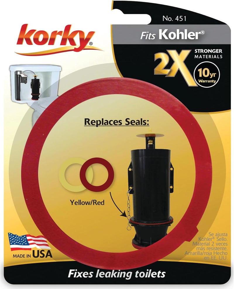 Korky 2X Long Life Toilet Flush Valve Seal Fits Kohler  Fixes Leaking Tower Style Flush Valves and HardtoFlush Toilets  Easy to Install  Made in USA 451 Red - Image 1