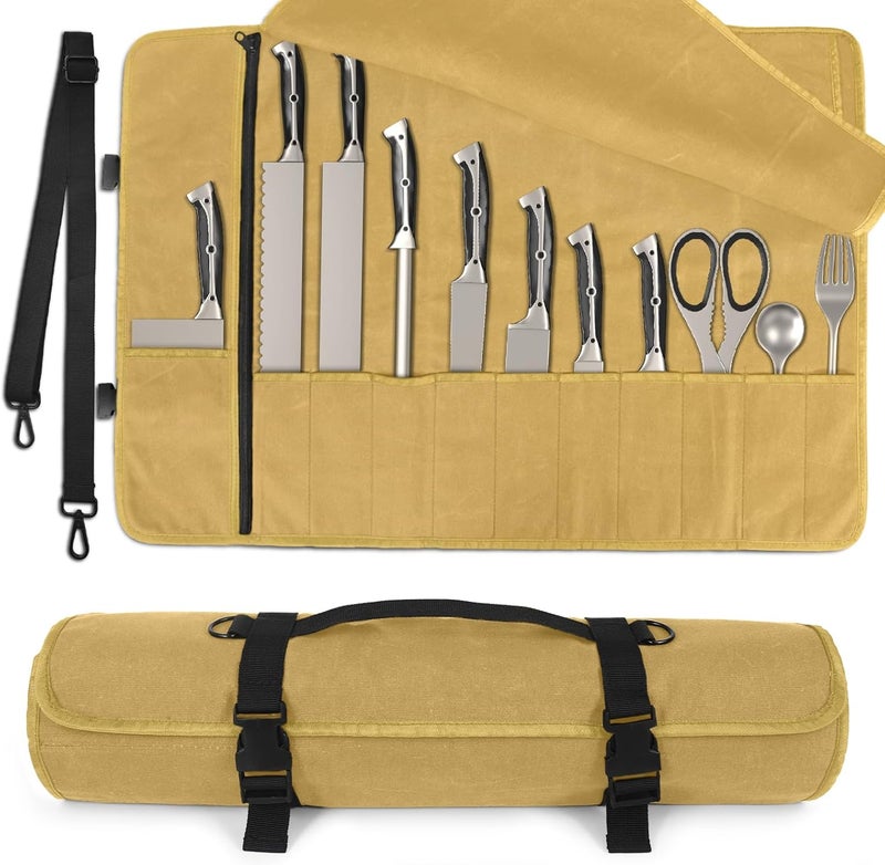 lelezone Chef Knife Roll Bag, Waterproof Waxed Canvas Knife Case Holds Size Up to 18'', Knives Roll with 11 Slots Plus Zipper Pocket, Portable Knife Holder with Adjustable Strap for Kitchen Tools - Image 1