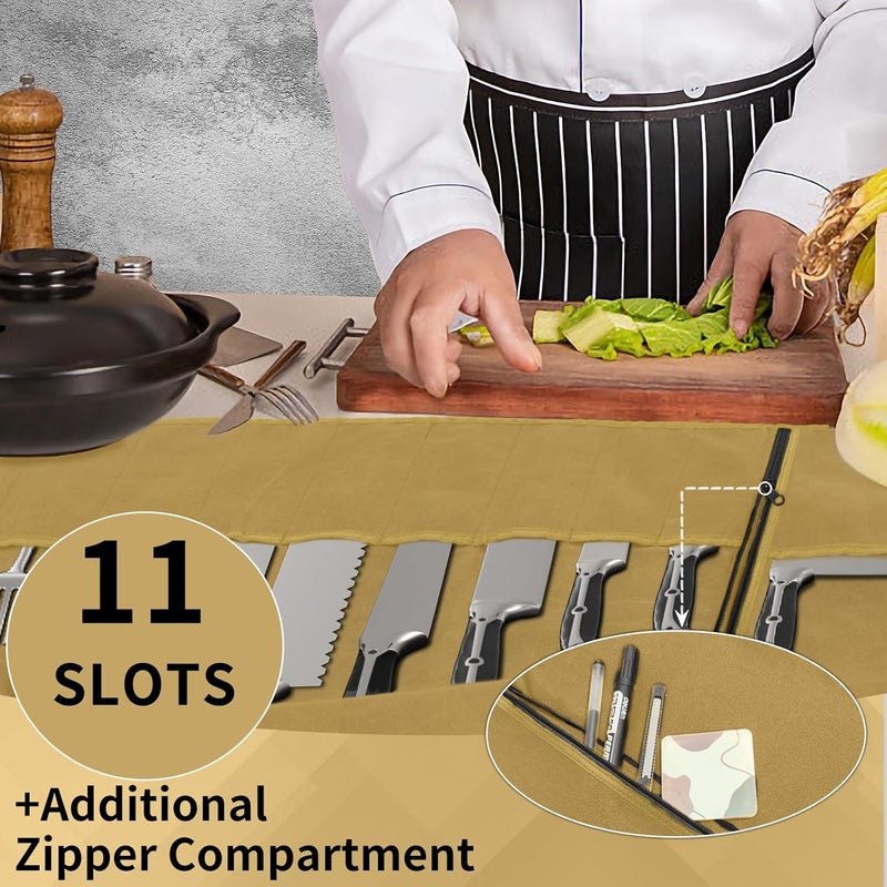 lelezone Chef Knife Roll Bag, Waterproof Waxed Canvas Knife Case Holds Size Up to 18'', Knives Roll with 11 Slots Plus Zipper Pocket, Portable Knife Holder with Adjustable Strap for Kitchen Tools - Image 3