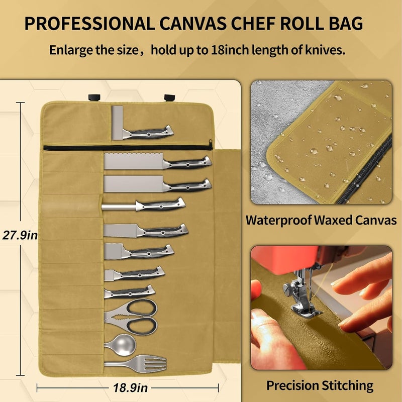 lelezone Chef Knife Roll Bag, Waterproof Waxed Canvas Knife Case Holds Size Up to 18'', Knives Roll with 11 Slots Plus Zipper Pocket, Portable Knife Holder with Adjustable Strap for Kitchen Tools - Image 2