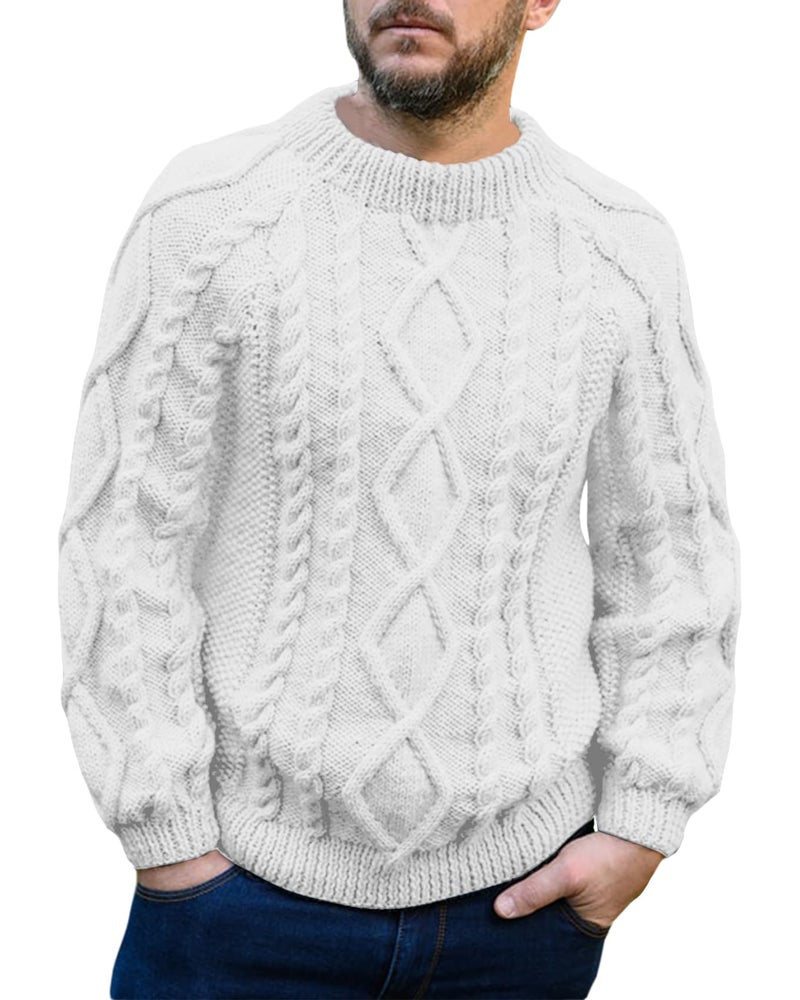 Makkrom Mens Cable Knit Pullover Sweater Winter Crew Neck Long Sleeve Ribbed Vintage Sweaters White - Image 1