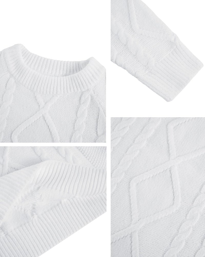 Makkrom Mens Cable Knit Pullover Sweater Winter Crew Neck Long Sleeve Ribbed Vintage Sweaters White - Image 5