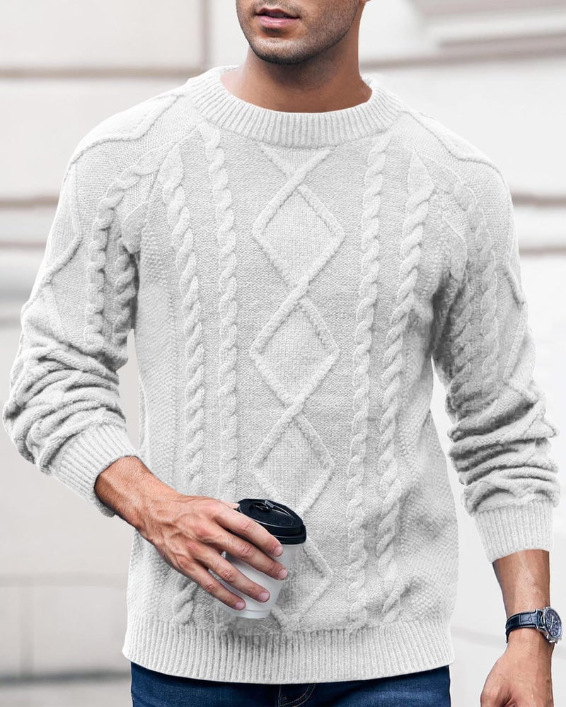 Makkrom Mens Cable Knit Pullover Sweater Winter Crew Neck Long Sleeve Ribbed Vintage Sweaters White - Image 2