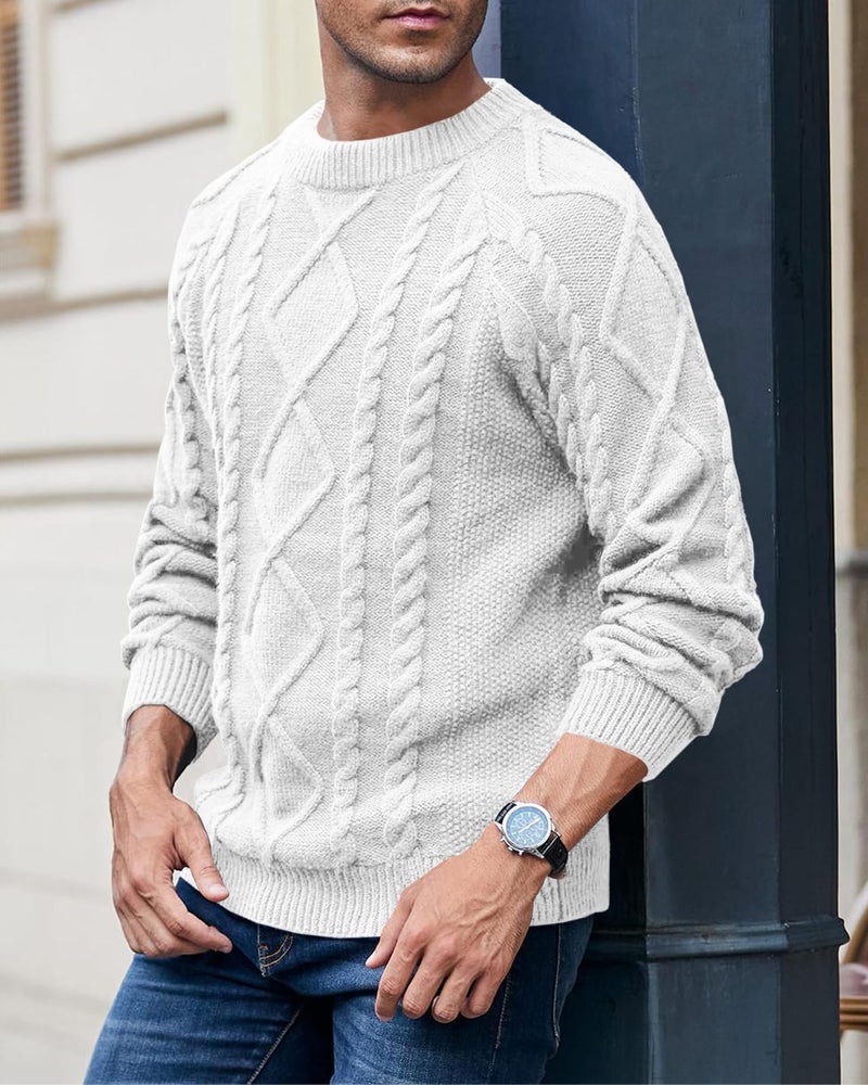 Makkrom Mens Cable Knit Pullover Sweater Winter Crew Neck Long Sleeve Ribbed Vintage Sweaters White - Image 3