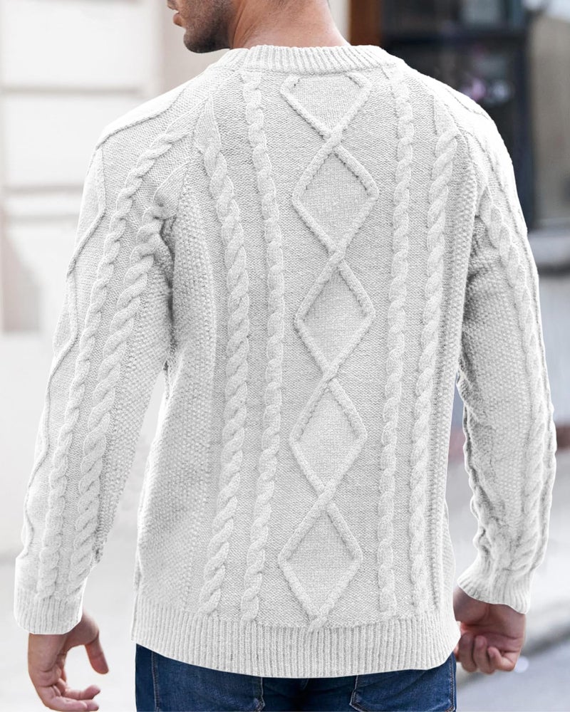 Makkrom Mens Cable Knit Pullover Sweater Winter Crew Neck Long Sleeve Ribbed Vintage Sweaters White - Image 4